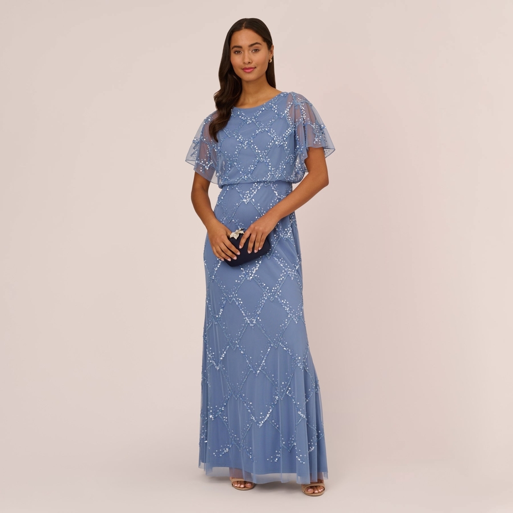 Adrianna Papell Blue Beaded Flutter Sleeve Gown